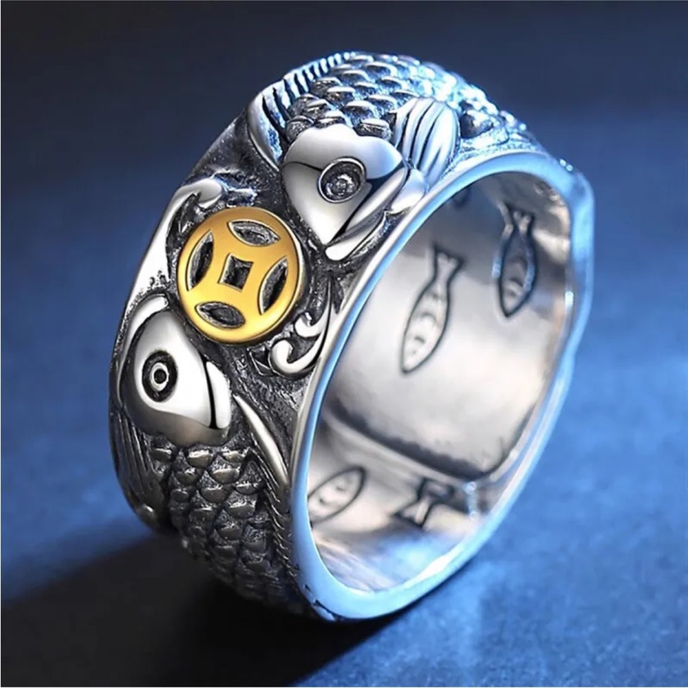 Fashion punk rings for men animal carp copper coins Retro Adjustable